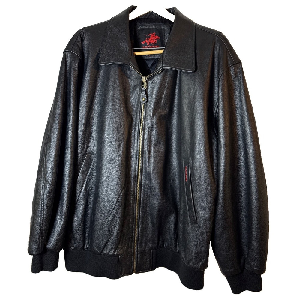 VTG Winchester Mens XL Black 100% Leather Bomber Jacket Quilted Lined